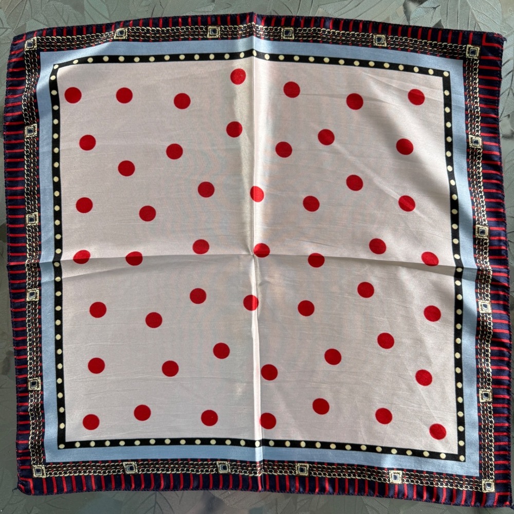 Vintage Style Polka Dot Chain Border Square Scarf Red White Blue 19x19